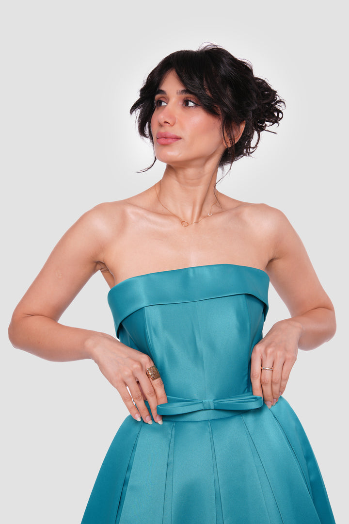 Ophelia Blue Bridal Satin Straight Neckline Gown With Folded Detail