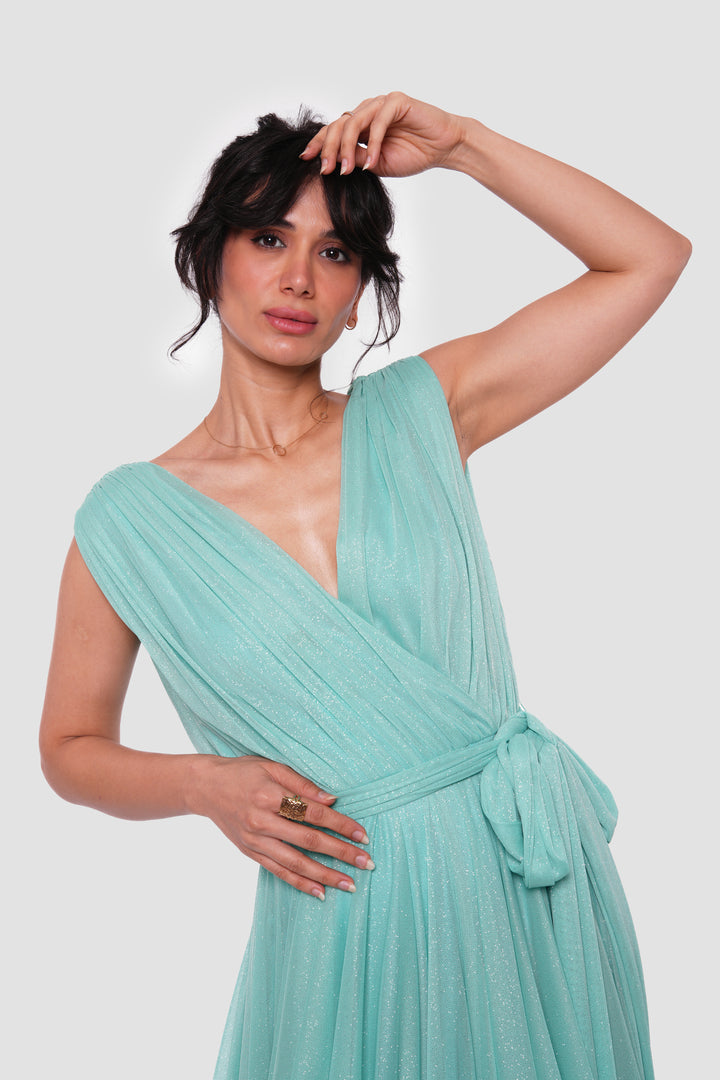 Sarah Aqua Blue Metallic Sleeveless Gown