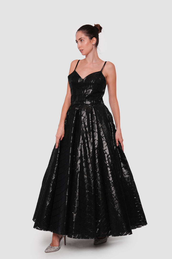 Joy  Black Metallic Organza Sweetheart Neckline Maxi Dress