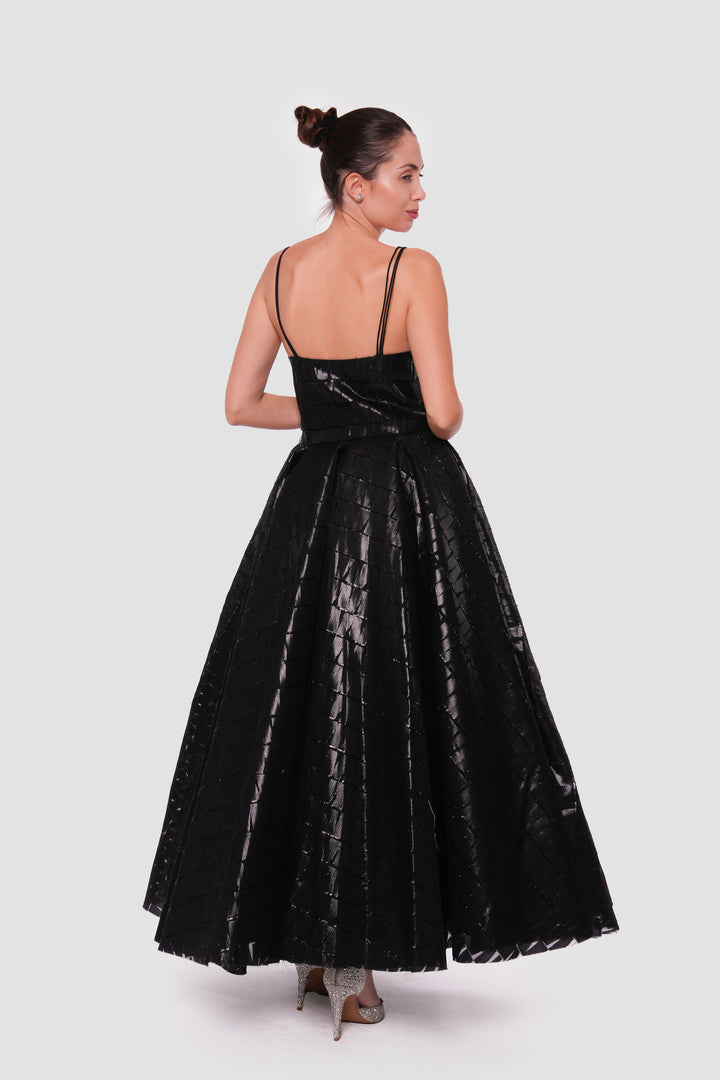 Joy  Black Metallic Organza Sweetheart Neckline Maxi Dress