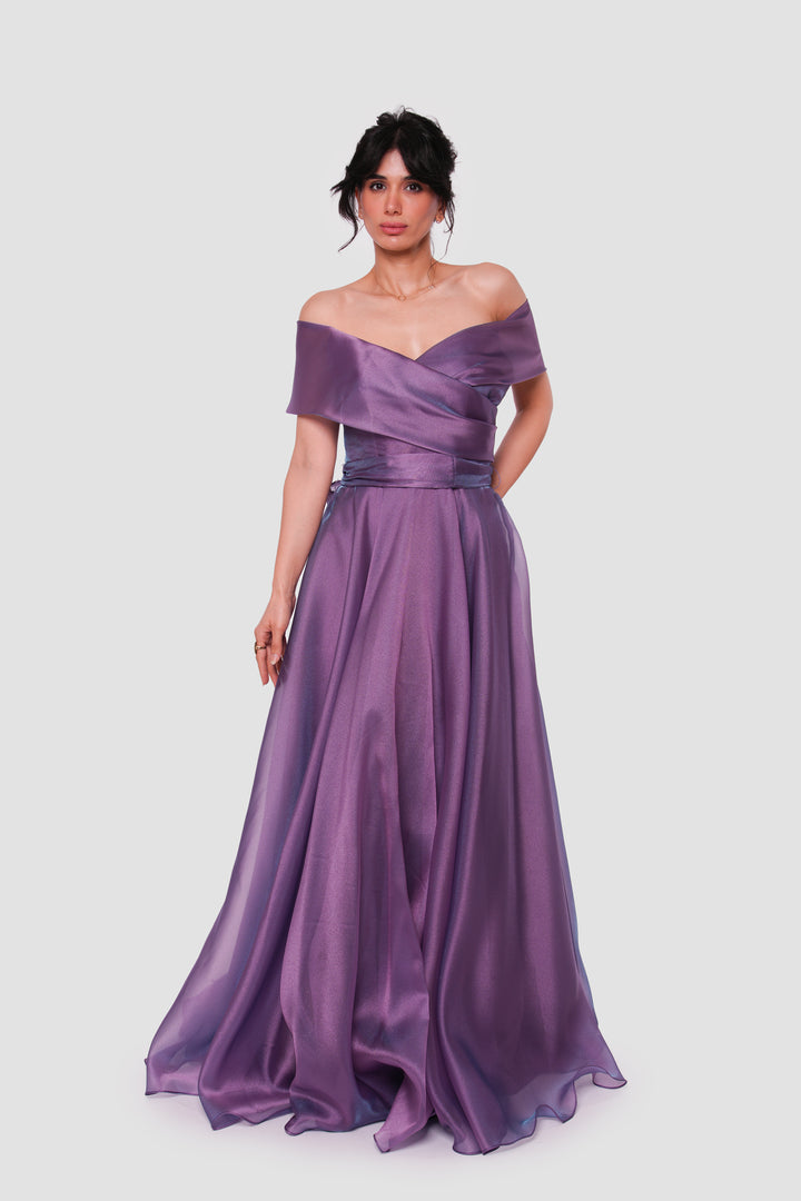 Violetta Plum Purple Shimmer Organza Maxi Dress
