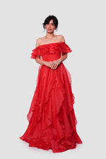 Load image into Gallery viewer, Carmen Scarlet Red Organza With Layered Ruffles Corset Maxi Dress
