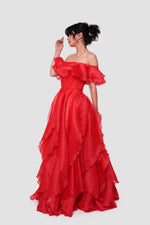 Load image into Gallery viewer, Carmen Scarlet Red Organza With Layered Ruffles Corset Maxi Dress
