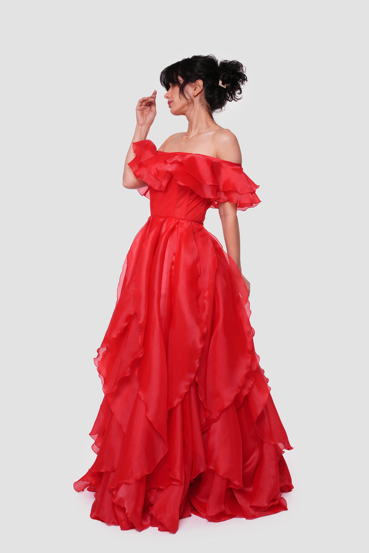 Carmen Scarlet Red Organza With Layered Ruffles Corset Maxi Dress