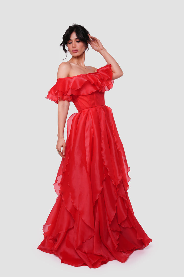 Carmen Scarlet Red Organza With Layered Ruffles Corset Maxi Dress