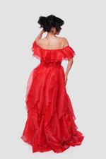 Load image into Gallery viewer, Carmen Scarlet Red Organza With Layered Ruffles Corset Maxi Dress
