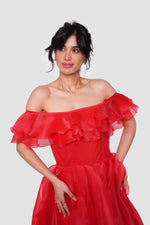 Load image into Gallery viewer, Carmen Scarlet Red Organza With Layered Ruffles Corset Maxi Dress
