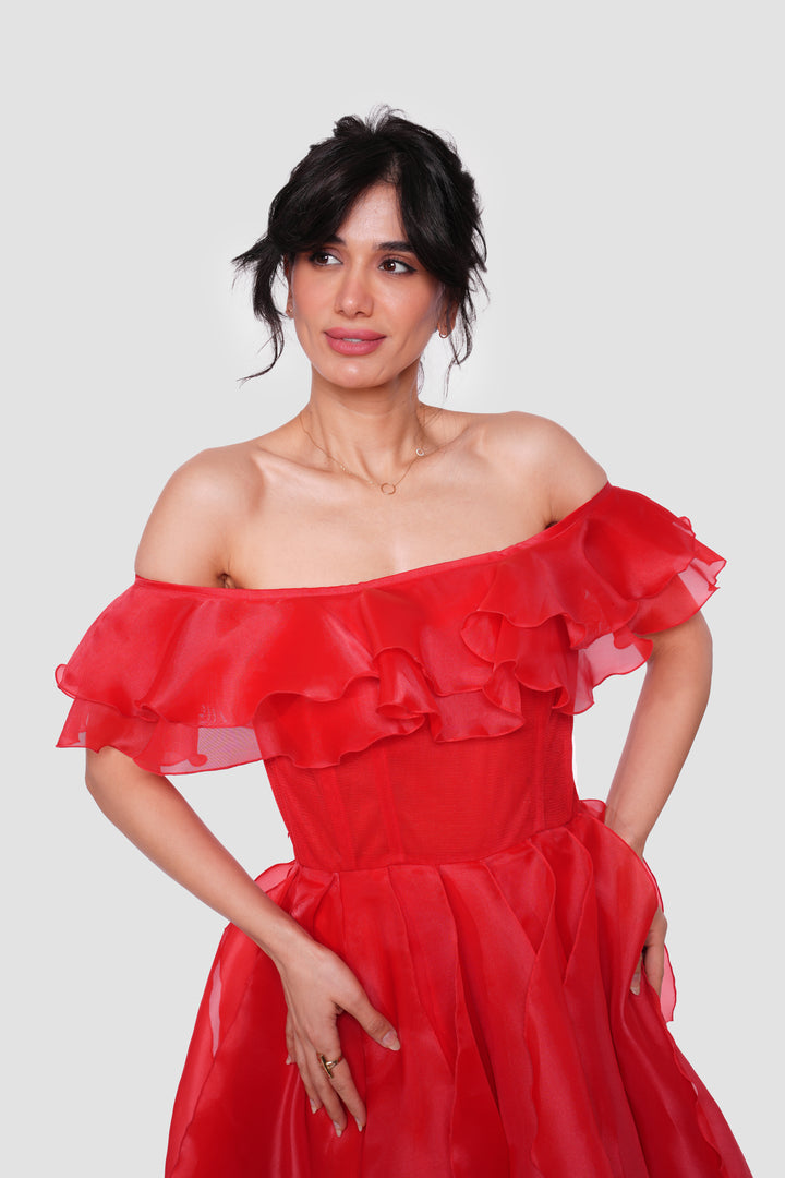 Carmen Scarlet Red Organza With Layered Ruffles Corset Maxi Dress