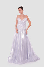Load image into Gallery viewer, Roxanne Metallic Silver Sweetheart Surplice Neckline With Thin Straps Maxi Dress
