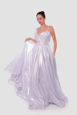 Load image into Gallery viewer, Roxanne Metallic Silver Sweetheart Surplice Neckline With Thin Straps Maxi Dress
