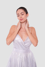 Load image into Gallery viewer, Roxanne Metallic Silver Sweetheart Surplice Neckline With Thin Straps Maxi Dress
