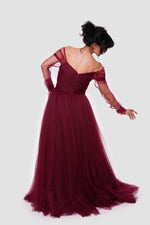Load image into Gallery viewer, Elara Shimmery Tulle Off-Shoulder Maxi Dress With Sheer Sleeves
