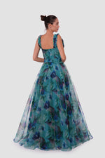 Load image into Gallery viewer, Iris Teal Blue With Multicolored Floral Patterns Silk Organza Bustier Maxi Dress
