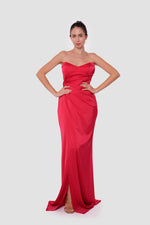 Load image into Gallery viewer, Sienna Red Crepe Satin Sweetheart Neckline Corset Maxi Dress
