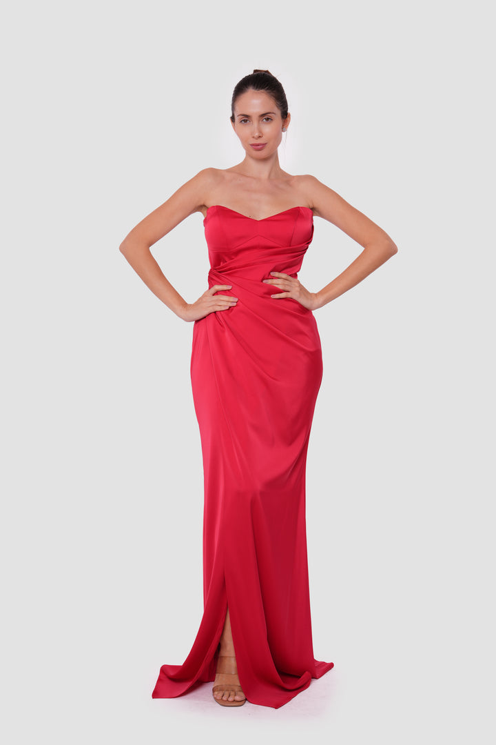 Sienna Red Crepe Satin Sweetheart Neckline Corset Maxi Dress