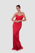 Load image into Gallery viewer, Sienna Red Crepe Satin Sweetheart Neckline Corset Maxi Dress
