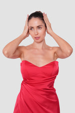 Load image into Gallery viewer, Sienna Red Crepe Satin Sweetheart Neckline Corset Maxi Dress
