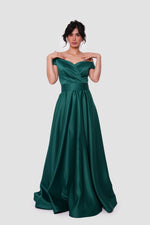 Load image into Gallery viewer, Elsa Emerald Green Taffeta Off-shoulder Maxi Dress
