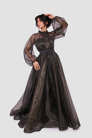 Noella Shimmering Metallic Tulle With Ruffle Trim Neck Maxi Dress