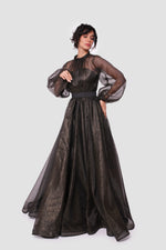 Load image into Gallery viewer, Noella Shimmering Metallic Tulle With Ruffle Trim Neck Maxi Dress
