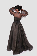 Load image into Gallery viewer, Noella Shimmering Metallic Tulle With Ruffle Trim Neck Maxi Dress
