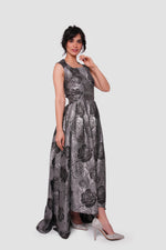 Load image into Gallery viewer, Rosalie Black And Silver Metallic Floral Jacquard Sleeveless Maxi Dress
