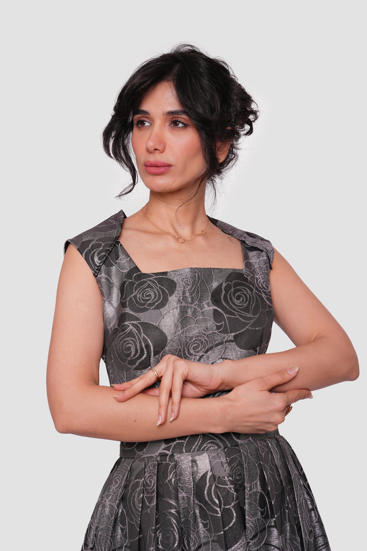 Rosalie Black And Silver Metallic Floral Jacquard Sleeveless Maxi Dress