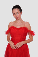 Load image into Gallery viewer, Rosa Red Tulle With Glitter Bustier Maxi Dress

