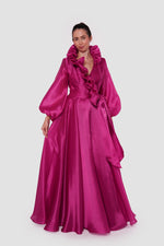 Load image into Gallery viewer, Valencia  Fuchsia A-line Dress With Ruffled Neckline And Bishop Sleeves

