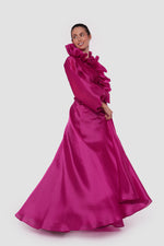Load image into Gallery viewer, Valencia  Fuchsia A-line Dress With Ruffled Neckline And Bishop Sleeves
