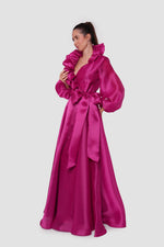 Load image into Gallery viewer, Valencia  Fuchsia A-line Dress With Ruffled Neckline And Bishop Sleeves
