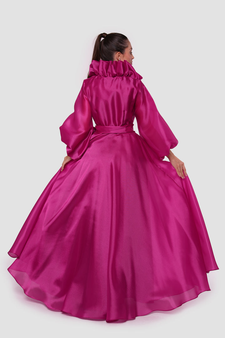 Valencia  Fuchsia A-line Dress With Ruffled Neckline And Bishop Sleeves