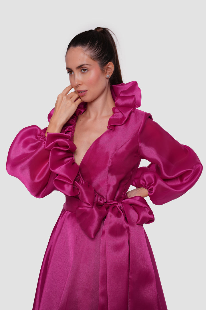 Valencia  Fuchsia A-line Dress With Ruffled Neckline And Bishop Sleeves