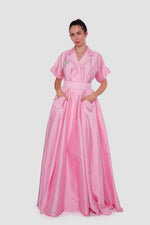 Load image into Gallery viewer, Rosalie Blush Pink Pleated Maxi Dress With Shirt-style Collar With Short Sleeves
