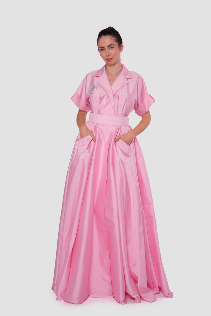 Rosalie Blush Pink Pleated Maxi Dress With Shirt-style Collar With Short Sleeves