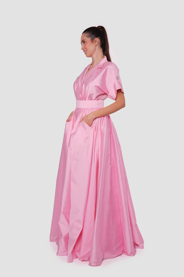 Rosalie Blush Pink Pleated Maxi Dress With Shirt-style Collar With Short Sleeves