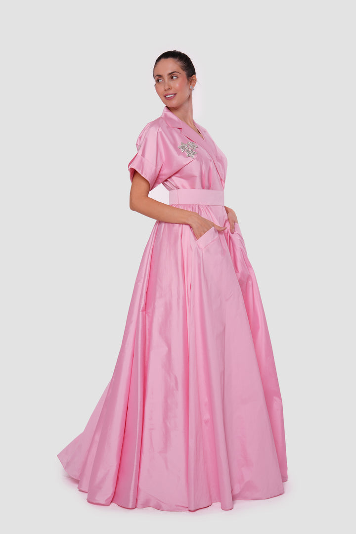 Rosalie Blush Pink Pleated Maxi Dress With Shirt-style Collar With Short Sleeves