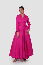 Load image into Gallery viewer, Valeria Fuchsia Taffeta Collared V-neckline Wrap-style Maxi Dress
