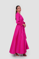 Load image into Gallery viewer, Valeria Fuchsia Taffeta Collared V-neckline Wrap-style Maxi Dress
