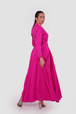 Load image into Gallery viewer, Valeria Fuchsia Taffeta Collared V-neckline Wrap-style Maxi Dress
