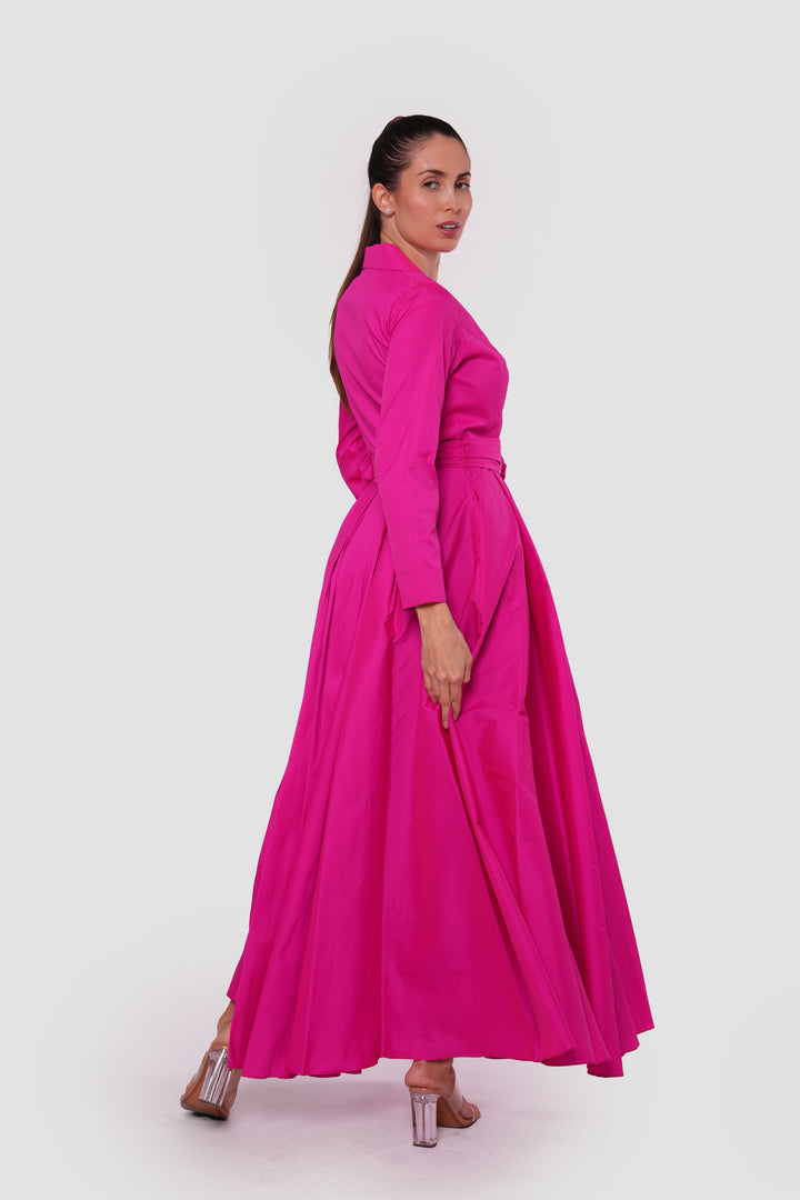 Valeria Fuchsia Taffeta Collared V-neckline Wrap-style Maxi Dress