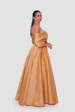 Load image into Gallery viewer, Amana Golden Mustard Taffeta Strapless Corset Maxi Dress
