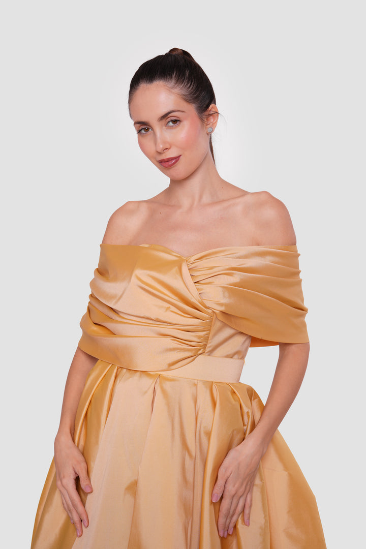 Amana Golden Mustard Taffeta Strapless Corset Maxi Dress