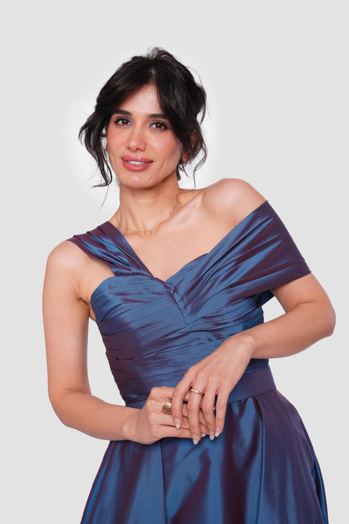 Ophelia Midnight Blue With An Iridescent Finish Taffeta With Pleats Maxi Dress