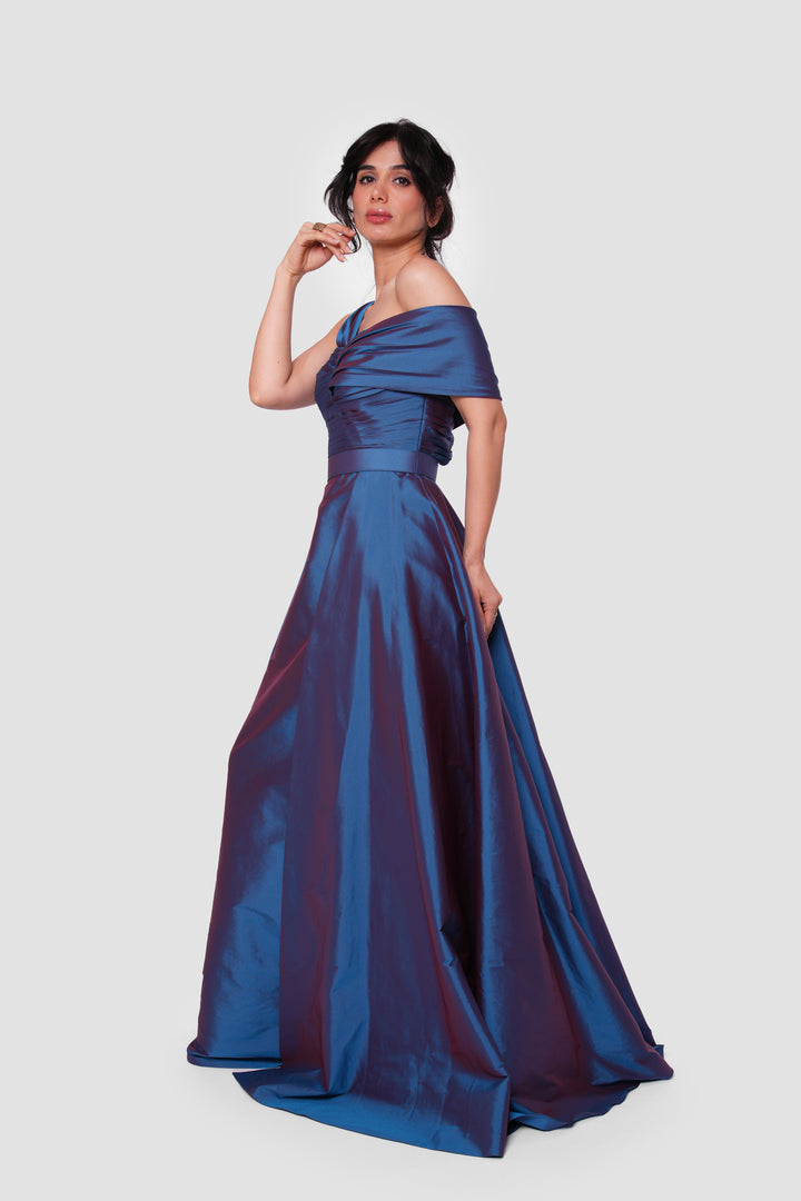 Ophelia Midnight Blue With An Iridescent Finish Taffeta With Pleats Maxi Dress