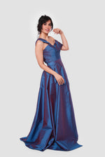Load image into Gallery viewer, Ophelia Midnight Blue With An Iridescent Finish Taffeta With Pleats Maxi Dress
