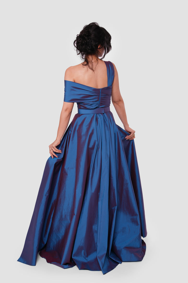 Ophelia Midnight Blue With An Iridescent Finish Taffeta With Pleats Maxi Dress