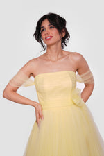 Load image into Gallery viewer, Selena Pale Yellow Off-shoulder Tulle Corset Maxi Dress With Sheer Short Sleeves
