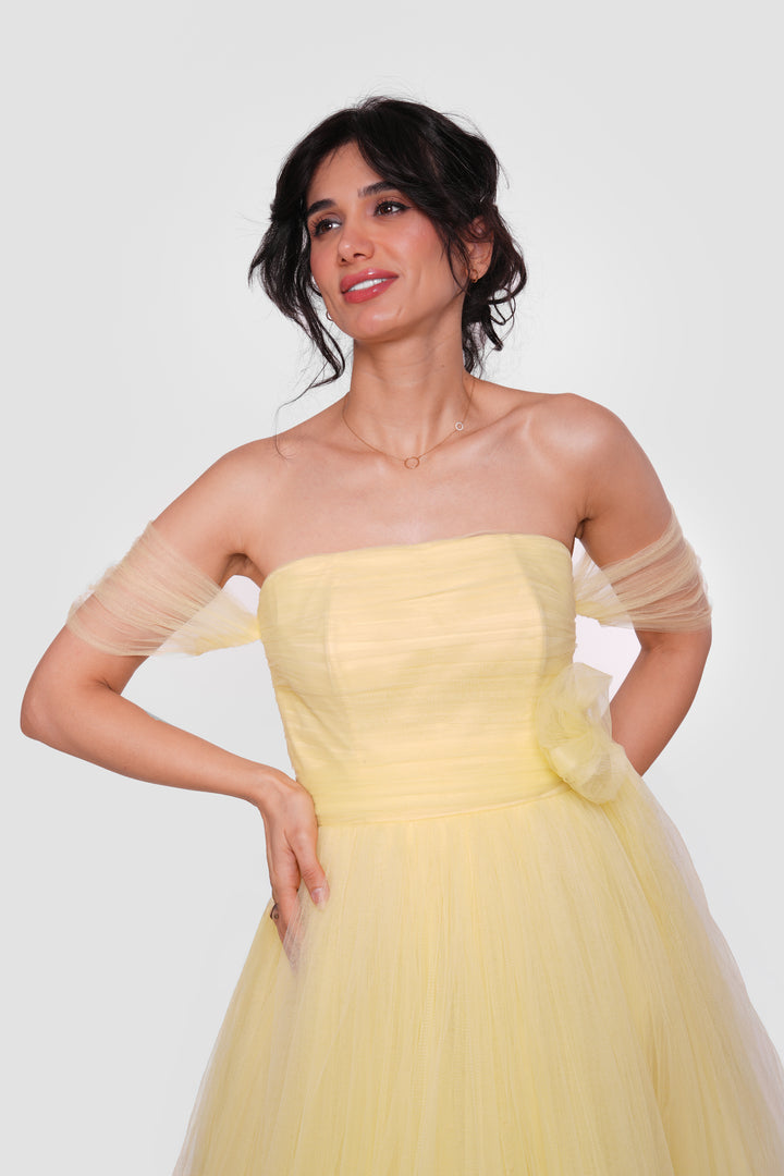 Selena Pale Yellow Off-shoulder Tulle Corset Maxi Dress With Sheer Short Sleeves