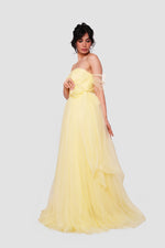 Load image into Gallery viewer, Selena Pale Yellow Off-shoulder Tulle Corset Maxi Dress With Sheer Short Sleeves
